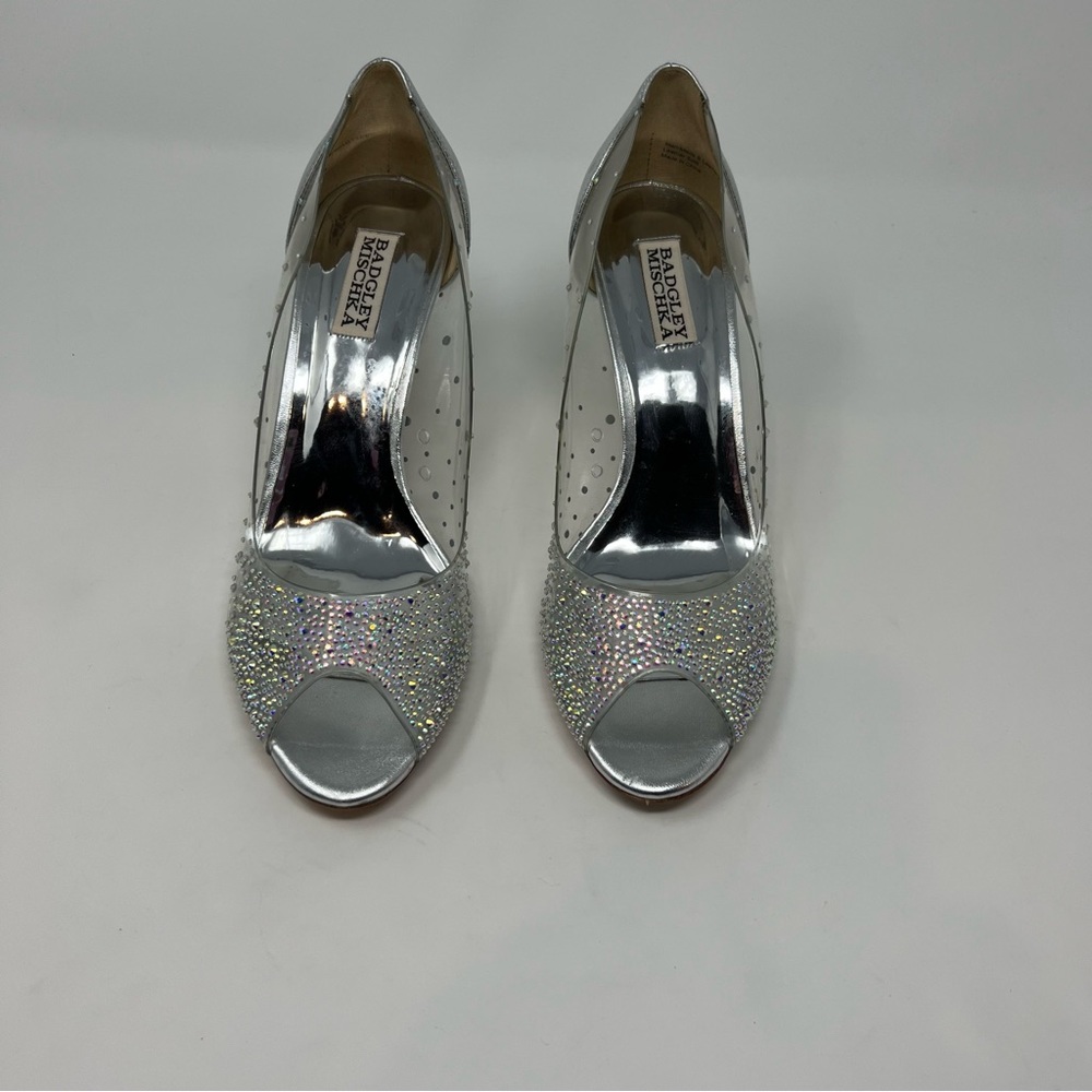 Badgley Mischka Ginata Crystal Embellish Transparent Clear Peep Toe Heels 9 1/2